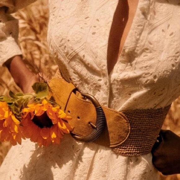 Sezane Carlie Belt Honey Wide Buckle Leather Antique Gold Size 80 cm 31.5 Inches - Picture 1 of 16